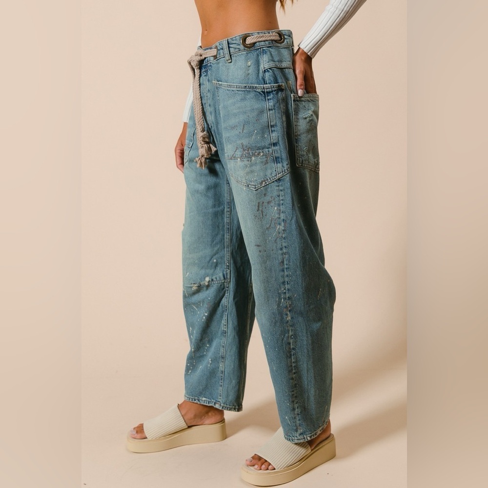 NWT BRAIDED WAIST BELT DRIP PAINTING DETAIL WASHED DENIM PANTS BARREL JEANS - Picture 9 of 14